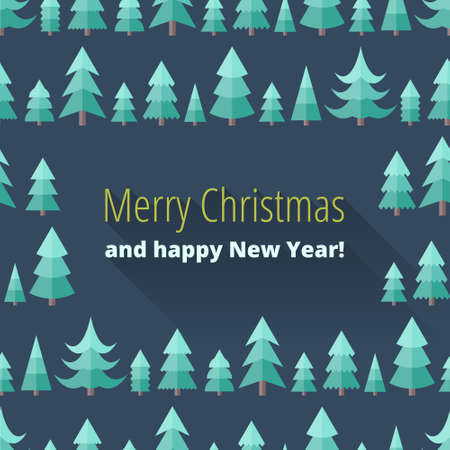 Christmas card with Christmas trees in a flat style. Merry Christmas and happy New Year! With long shadows. Christmas greeting. Congratulationのイラスト素材