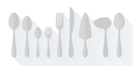 Set of flat icons cutlery isolated on white background. Fork, spoon, knife, spatula, spoon sauce illustration with long shadow. Tableware icon set.のイラスト素材