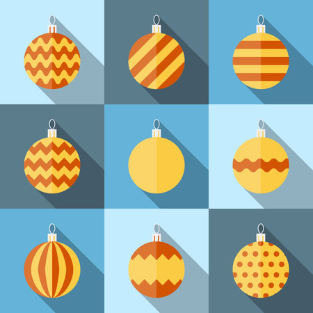 Flat icon set of christmas decorations. Colorful christmas balls with various patterns in flat style with long shadows. Christmas cardのイラスト素材