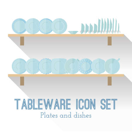 Flat set of different icons plates top and side views isolated on white background. Abstract illustration of empty dishes on a shelf. Tableware icon set. Plates in a row on a shelf.のイラスト素材