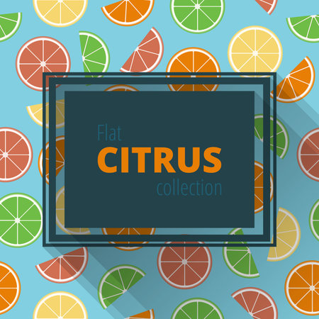 Frame for your text in a flat style with a long shadow. Frame of citrus: oranges, limes, lemons, grapefruits. Seamless texture of citrus in a flat styleのイラスト素材