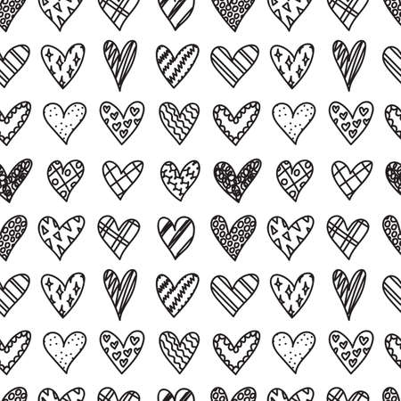 Hand drawn seamless pattern with doodle hearts. Valentines day background. Sketches hearts with different pattern in cartoon style. Love, romantic. Design, wrapping paper, gift bags, greeting cards.のイラスト素材