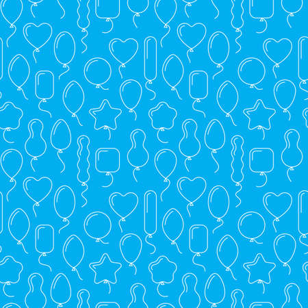 Vector seamless pattern with balloons of different shapes. Endless blue birthday background with line art icons of balloons. Air balls with helium, flying up. Wrapping paper, gift bags design, ads.のイラスト素材