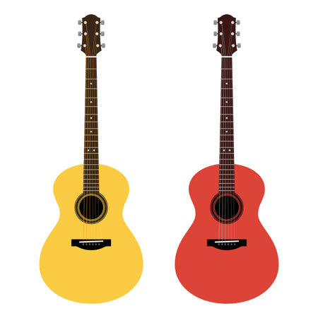 Vector detailed illustration of acoustic guitars in a flat style. Yellow and red icons six-string guitar isolated on white background. Icons of musical instrument for music shop design, ads, web.のイラスト素材
