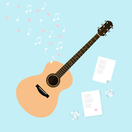 Vector Valentine's day template cards with serenade. Flat style illustration with guitar, music, lyrics, a crumpled piece of paper and hearts. Writing songs about love composition. Web, design, ads.のイラスト素材