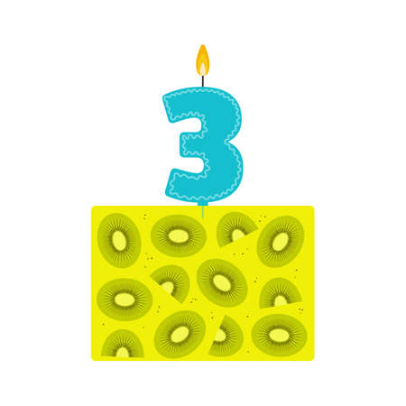 Vector jelly birthday cake with a candle number 3 in flat style. Icon dessert made of natural fruit juice, with kiwi. For birthday party invitation and cards design. Third birthday celebration.のイラスト素材