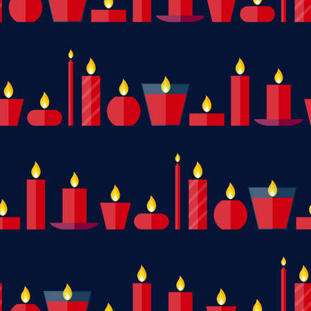 Vector seamless pattern of different burning red candles standing in a row on a dark blue  background in flat style. Endless texture for wrapping paper, holiday decoration and design, gift bags, cardsのイラスト素材