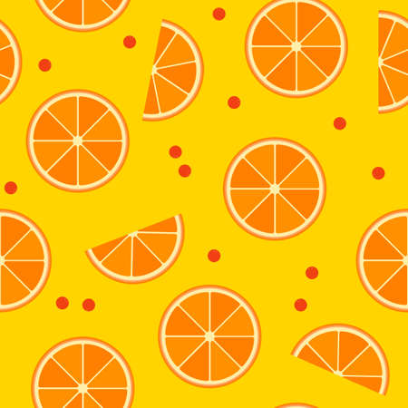 Vector seamless pattern with slices of orange and cowberries or cranderries in flat style. Healthy natural food, tropical fruit, berries. Endless texture for wrapping paper, fabric, ads, web, design.のイラスト素材