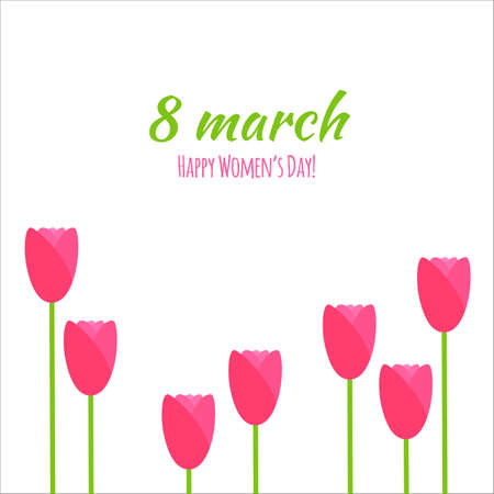 Vector 8 march greeting card in simple flat style. Happy International Women's Day! Holiday invitation or banner template with pink tulips. Spring, summer. For web, design, ads.のイラスト素材