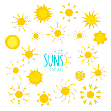 Vector suns icons of different forms in the flat style isolated on white background. Collection of suns illustrations for web, design. Doodle and geometric sunny weather sign, pictogram.のイラスト素材