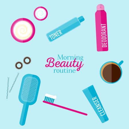 Vector morning beauty routine illustration set in flat style. Icons of different bottles for cosmetics, face cream and eye cream, tooth brush, hair brush, cup of coffee. For web, ads, design.のイラスト素材