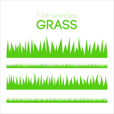 Vector flat grass set isolated on white background. Horizontal row of grass in cartoon style. Detailed illustration of herbs. Green grass pattern for illustration and game design. Abstract grass.のイラスト素材