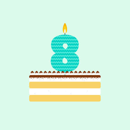 tiramisu birthday cake with a candle number 8 in flat style. Icon of dessert with mascara cream and cocoa. For birthday party invitation and cards design. Celebrating the eighth birthday.のイラスト素材