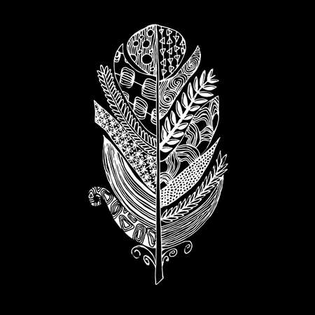 Vector graphic silhouette feather hand-drawn. Sketch white feathers on black background. Zentangle, doodle style card with stylized bird pen.のイラスト素材