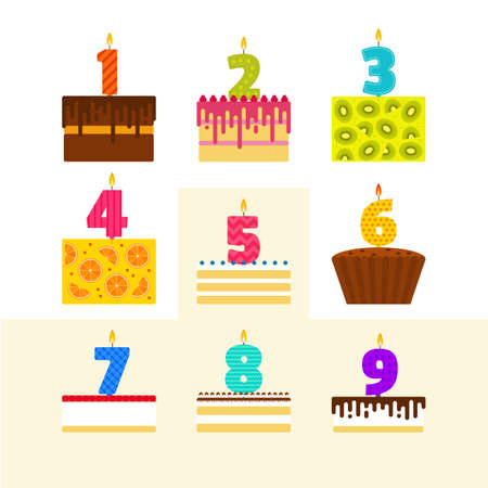 Vector illustrations set of birthday cakes with candles in the shape of numbers in flat style.のイラスト素材