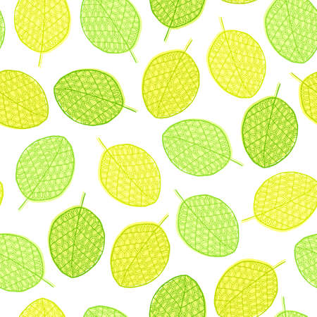 graphic seamless pattern from silhouette leaves  in a doodle style. Trace ink drawing of a tree leaf seamless texture in different shades of green. Wrapping paper, fabricのイラスト素材