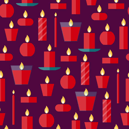 Vector seamless pattern of different burning red candles on a purple background in flat style. Endless texture for wrapping paper, holiday decoration and design, gift bags, birthday, anniversary cardsのイラスト素材