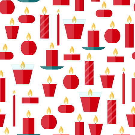 Vector seamless pattern of different burning red candles on a white background in flat style. Endless texture for wrapping paper, holiday decoration and design, gift bags, birthday, anniversary cards.のイラスト素材