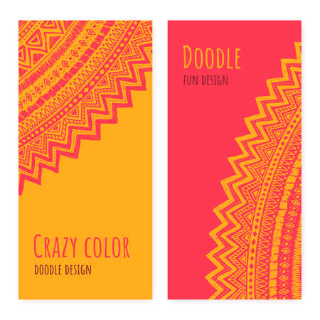 Vector hand drawn ornamental cards isolated on white background. Doodle geometric pattern banner template. Ornamental detailed sun illustration. For menu design, advertising, invitation.のイラスト素材