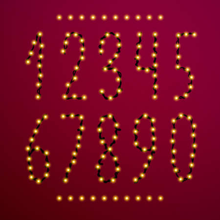 Vector number set from bright shiny gold christmas lights. Glowing garland digits collection for holiday, birthday design, greeting cards, party invitation. New year 2018 text.の写真素材