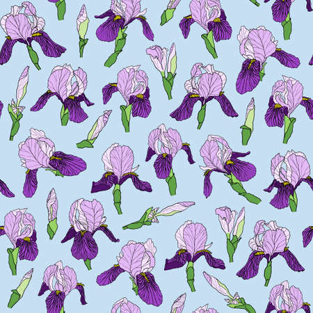 Graphic vector hand-drawn ink seamless pattern of purple iris flowers in a linear style. Vintage texture drawn on paper and traced buds of tulips from different angles for textile, fabric, invitation.のイラスト素材