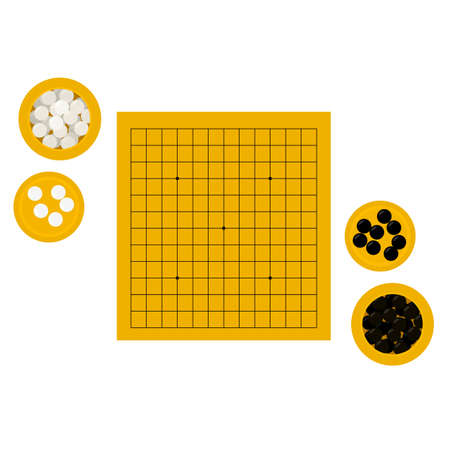 Vector illustration of empty middle-sized goban and bowls with stones in flat style. Go board game equipment. Template for presentation baduk positions. Weiqi, igo poster. 13 by 13 boardのイラスト素材