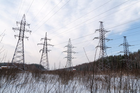 Power line in a winter forest in Russia