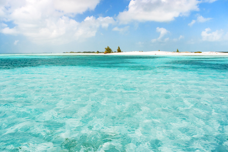 Soft wave of the sea on the sandy beach. Blue sky, white sand and place for text. Cuba, Caribbean sea.の写真素材
