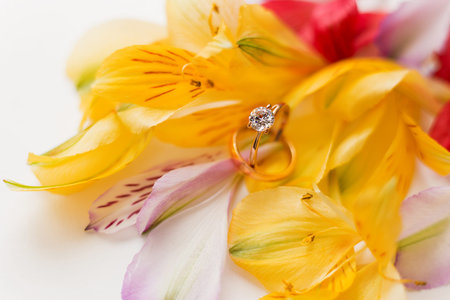 Pair of wedding and engagement rings in colorful Alstroemeria flowers. Natural background with...