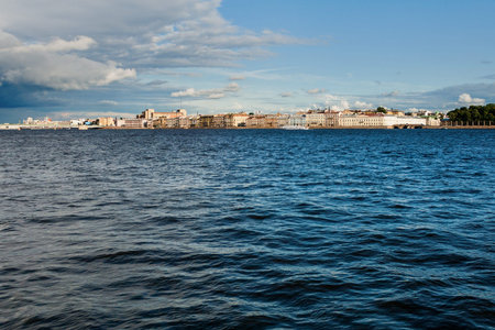 Change of weather in Saint-Petersburg, Russia. Cityscape panorama view on town and Neva river. Place...