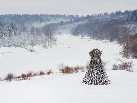 NIKOLA-LENIVETS, RUSSIA - January 15, 2017. Artobject "Lighthouse on the Ugra", one of the most famous and longstanding land-art projects by Nikolay Polisski. An idiosyncratic symbol of Nikola-Lenivets.のeditorial素材