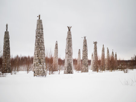 NIKOLA-LENIVETS, RUSSIA - January 15, 2017. Wooden artobject, exhibit of architectural festival "Archstoyanie". Winter cloudy day.のeditorial素材