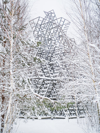 NIKOLA-LENIVETS, RUSSIA - January 15, 2017. Artobject "STORMING HEAVEN" by Manipulazione Internazionale. Wooden object in winter forest.のeditorial素材