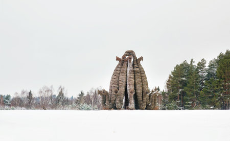 NIKOLA-LENIVETS, RUSSIA - January 15, 2017. Artobject "BEAUBOURG" by Nikolay Polissky. Wooden object in winter forest.のeditorial素材