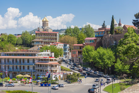 TBILISI, GEORGIA - May 1, 2017. Meidan square, landmark of old town. Many touristic souvenir shops, cafe, restaurants.のeditorial素材