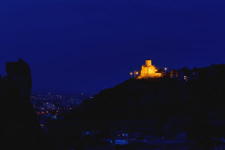 Night view on Tabor Monastery of the Transfiguration. Tbilisi, Georgia country.