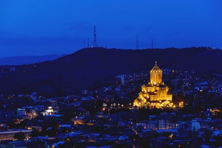Night aerial view on Holy Trinity Cathedral of Tbilisi (commonly known as Sameba), Georgia country.の写真素材