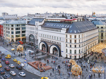 MOSCOW, RUSSIA - January 07, 2018. Panorama view on the entrance of Lubyanka underground station, hotel Nikolskaya and outdoor decorations for Christmas and New Year celebration.のeditorial素材