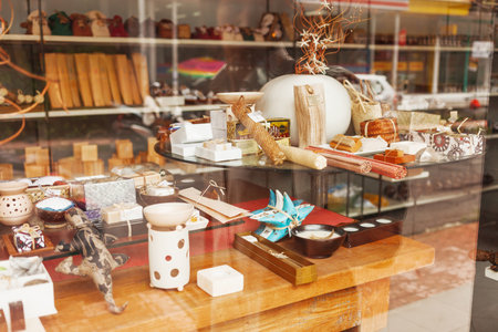 UBUD, INDONESIA - January 31, 2013. Sale of souvenirs - natural cosmetics and decoration for interior. Ubud, Bali island, Indonesia.のeditorial素材