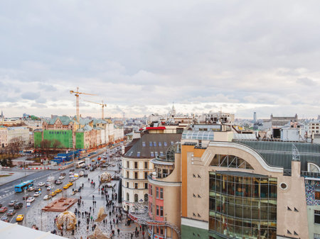 MOSCOW, RUSSIA - January 07, 2018. Panorama view on historic center of Moscow from Central Children Store. View on Nikolskaya street, Nautilus shopping mall, Lubyanka square and Polytechnic Museum.のeditorial素材