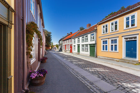 Colorful buildings on streets of Trondheim, Norway. Scandinavian style of architecture.のeditorial素材