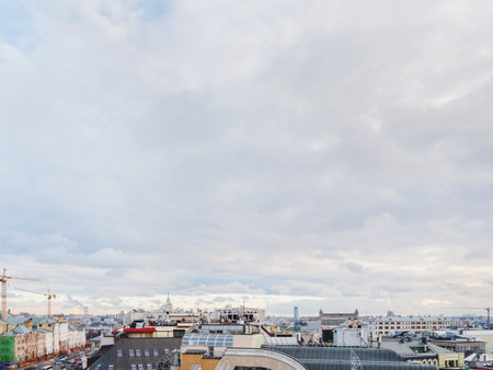 MOSCOW, RUSSIA - January 07, 2018. Panorama view on historic center of Moscow from Central Children Store. View on Nikolskaya street, Nautilus shopping mall, Lubyanka square and Polytechnic Museum. Cloudy winter day.のeditorial素材