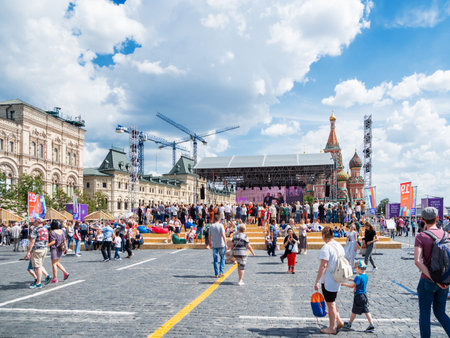 MOSCOW, RUSSIA - June 03, 2018. Annual Book festival on Red square. People walking on open air russian Book fair.のeditorial素材