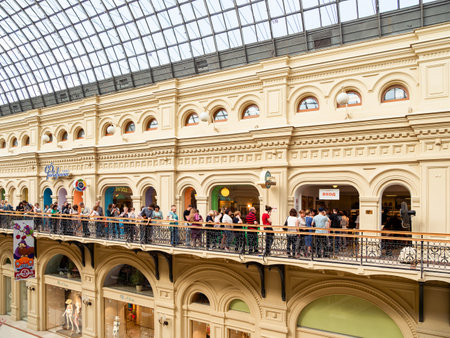 MOSCOW, RUSSIA - June 03, 2018. People stand in a long line in cafe Stolovaya No 57. Famous cafe with Soviet Union traditional cuisine in Main Department Store (GUM).のeditorial素材