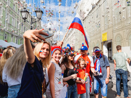MOSCOW, RUSSIA - July 01, 2018. Tourists and local football fans taking picture on Nikolskaya street before game Russia-Spain (FIFA World Cup 2018).のeditorial素材