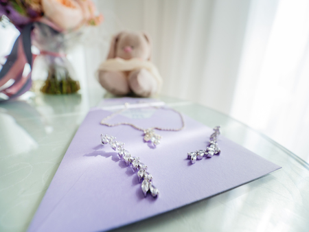 Bridal traditional jewelry accessories - earrings and necklace for wedding ceremony.の写真素材