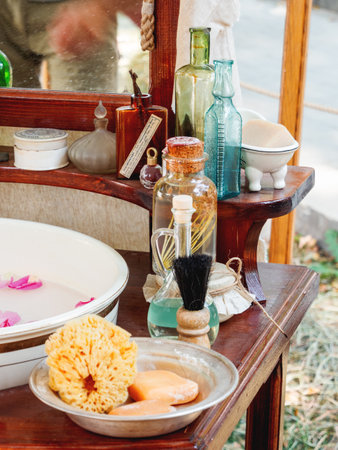 MOSCOW, RUSSIA - August 19, 2018.Historical festival Times and Epoches. Old fashioned barber portable set. Historical reconstruction of the 19th century.のeditorial素材