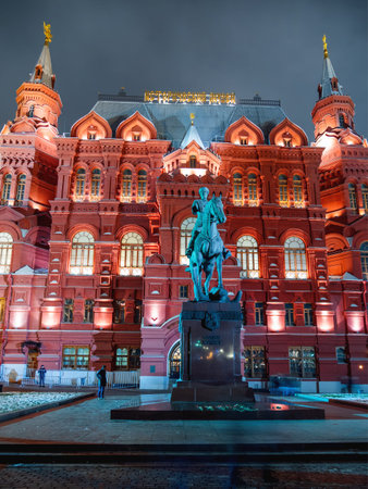 MOSCOW, RUSSIA - December 03, 2017. State Historical Museum and statue of marshal Zhukov in the...