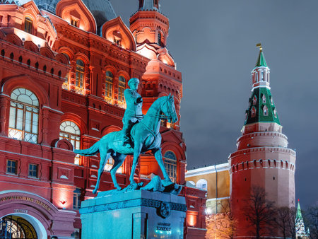 MOSCOW, RUSSIA - December 03, 2017. State Historical Museum and statue of marshal Zhukov in the...