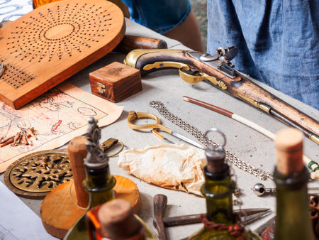MOSCOW, RUSSIA - August 19, 2018. Antique instruments for navigation at the festival Times and Epochs. Historical reconstruction of different centures.のeditorial素材